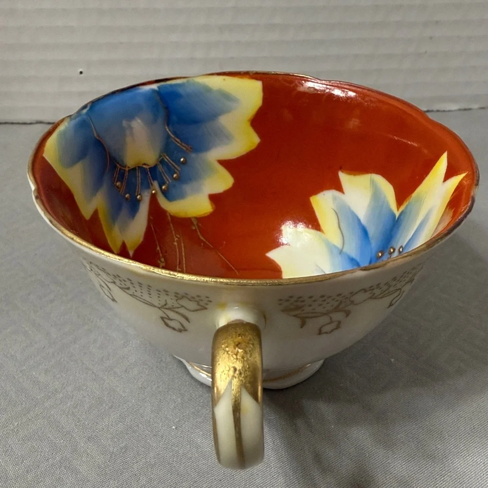 Vintage Handpainted Floral Teacup & Saucer  Porcelain Gold Detail Occupied Japan